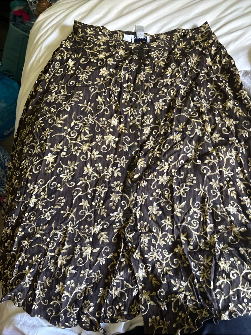 Vintage Rena Rowan Black Midi Skirt with Gold Floral Embroidery